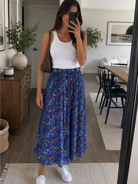 Hilary Radley Blue Floral Pleated Midi Skirt
